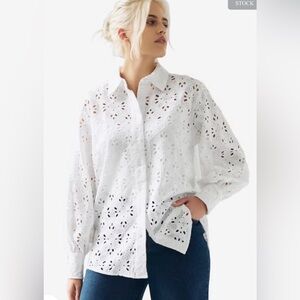 SUNDANCE Celestine White Eyelet Button-Down Blouse Bouson Sleeves  large EUC